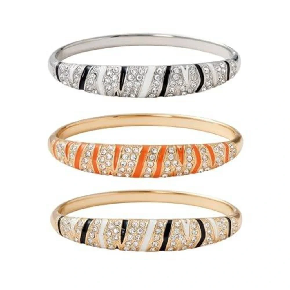 3pc Enamel Rhinestone‎ Zebra Bangle Bracelet Set Silver Gold Tone Animal Print